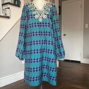 Mudpie dress with gold embroidery detail at neck worn with/without belt